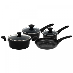 Herzberg HG-04654BLK: 7 Pieces Marble Coated Cast Iron Cookware Set - Black