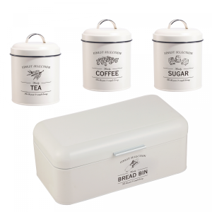 Herzberg HG-04418: 4 Pieces Vintage Bread Box and Canister Set - Matte Cream