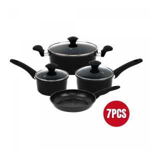 Herzberg 7 Pieces Marble Coated Cast Iron Cookware Set Black