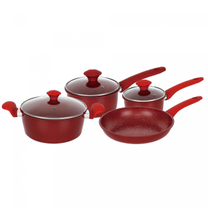 Herzberg HG-04715RED: 7 Pieces Marble Coated Cast Iron Cookware Set - Red