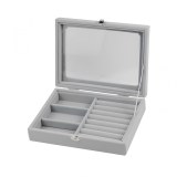 Herzberg HG-05330: Velvet Jewelry Organizer with Glass Lid, 3 Grids + 7 Ring Slots