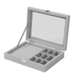 Herzberg HG-05361: Velvet Jewelry Organizer with Glass Lid, 9 Grids + 7 Ring Slots