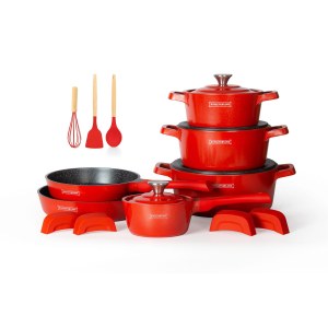 Royalty Line RL-OS1014M RED: 17 Pieces Die Cast Aluminum Marble Coated Cookware Set -...